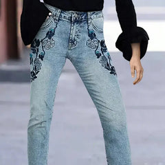 Cyflymder  [Stretch Slim Fit] Girlfriend Ankle Denim Jeans, Distressed Flora Embroidery, Mid-Rise, Women's Elegant Tapered Skinny Jeans T49