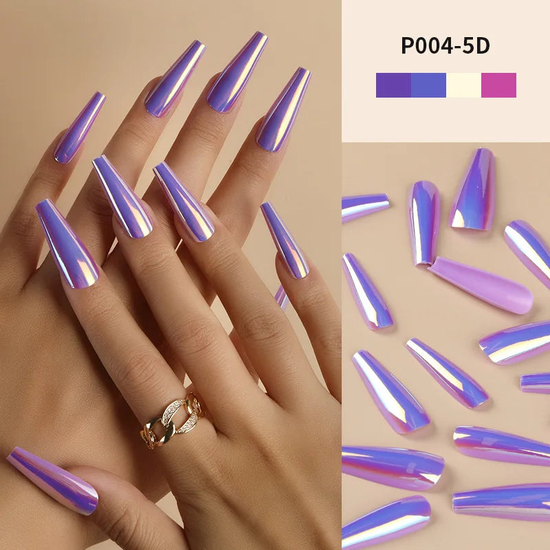 Cyflymder 24Pcs/Box Ballerina Press on Nails Tips False Nail Art Full Cover Detachable Artificial Fake Nails Metal Mirror Powder Design