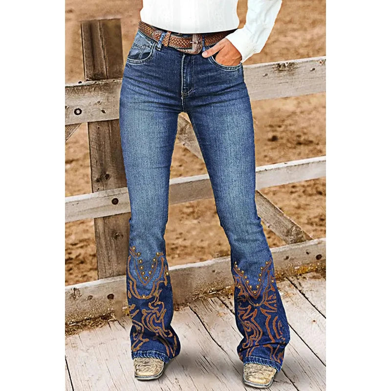 Cyflymder  Elegant Country Wear| Distressed High Waisted Flared Cowgirl Outfit -Printing with Golden Studs, Casual Vintage Jeans   T46