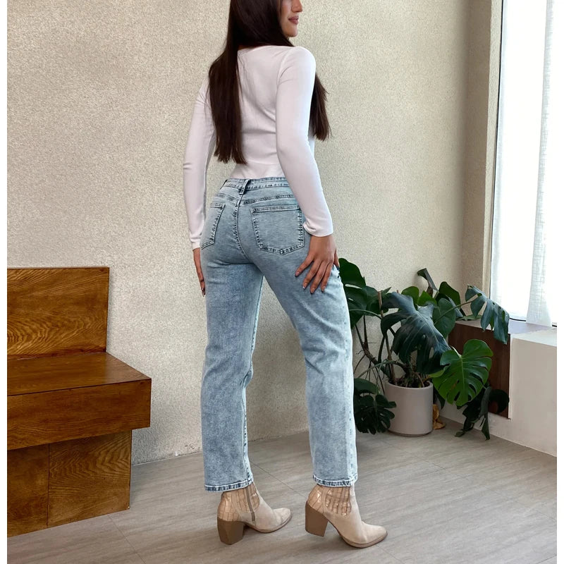 Cyflymder  New Slimming Girlfriend Ankle Denim Jeans Flora-Embroidered High Stretchy Ladies Pants Mid Rise Straight Leg Mom's Trousers T49