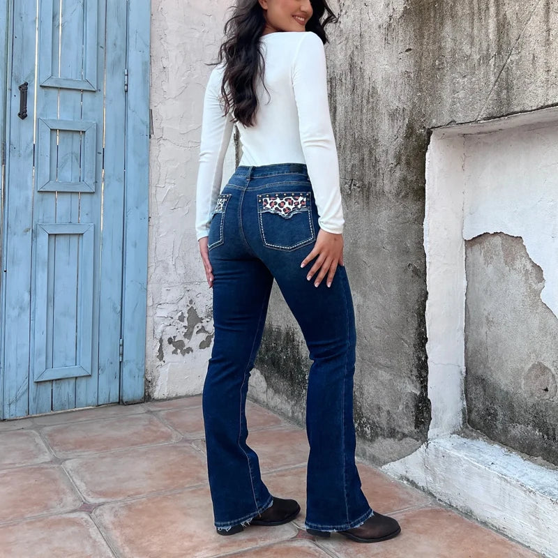 Cyflymder  Elegant High Stretchy Skinny Flare Jeans, Leopard-Print Pockets with Studs, Mid Waist Slim Fit- Retro & Stylish Long Length T27