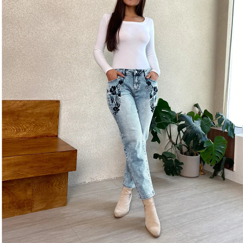 Cyflymder  New Slimming Girlfriend Ankle Denim Jeans Flora-Embroidered High Stretchy Ladies Pants Mid Rise Straight Leg Mom's Trousers T49