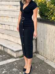 Cyflymder  Autumn New Women's Casual Long Dress V-neck Sleeveless Long Dress Elastic with Metallic Belt Elegant Solid Color Dress
