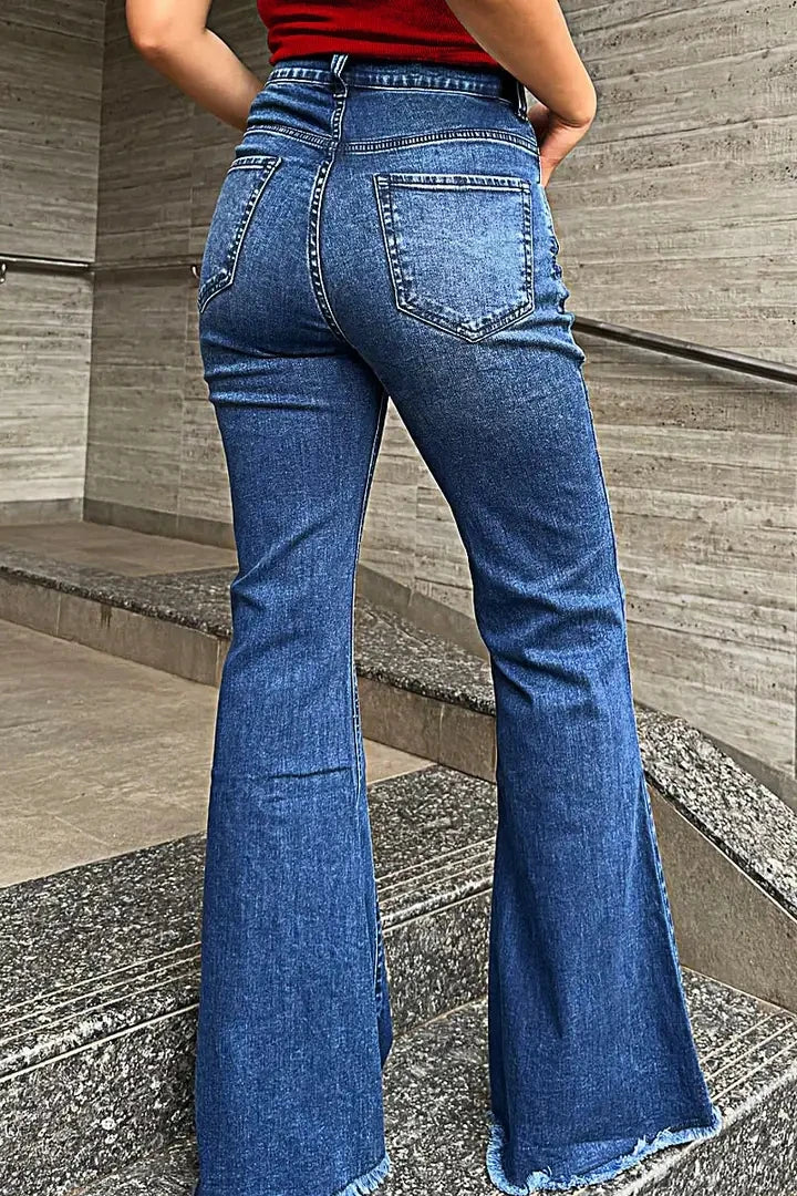 Cyflymder  Huang's Stylish High Waist Flare Bell Bottom Jeans Curvy Seam Details Raw Hem Loose Fit Ladies Pants Western Women's Trouser T39