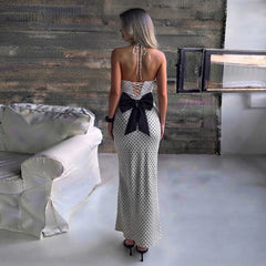 Cyflymder  Women Halter Deep V Neck Polka Dot Mermaid Maxi Dress Lace Up Back Big Bow Bodycon Long Dress Elegant Evening Party Wedding Gues