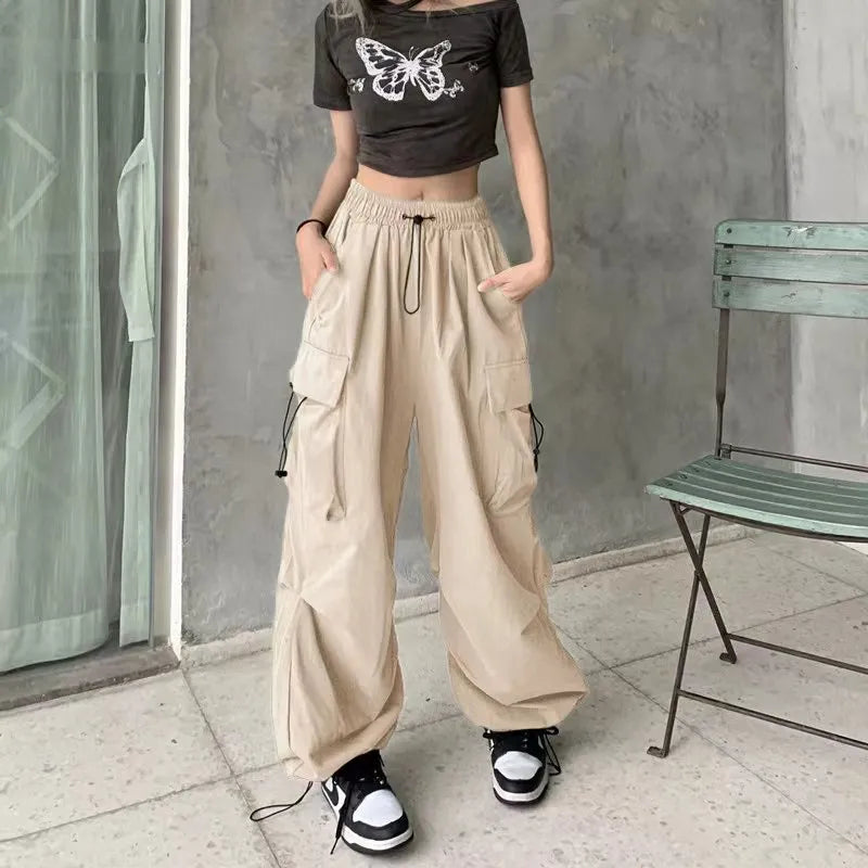 Cyflymder Y2K Trousers Women Cargo Pants Straight Wide Leg Drawstring Oversize Pockets Kpop High Waisted Breathable Solid Color Sweatpants