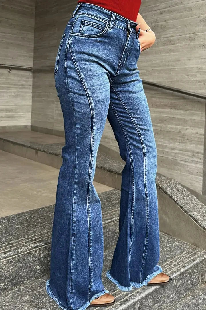 Cyflymder  Huang's Stylish High Waist Flare Bell Bottom Jeans Curvy Seam Details Raw Hem Loose Fit Ladies Pants Western Women's Trouser T39
