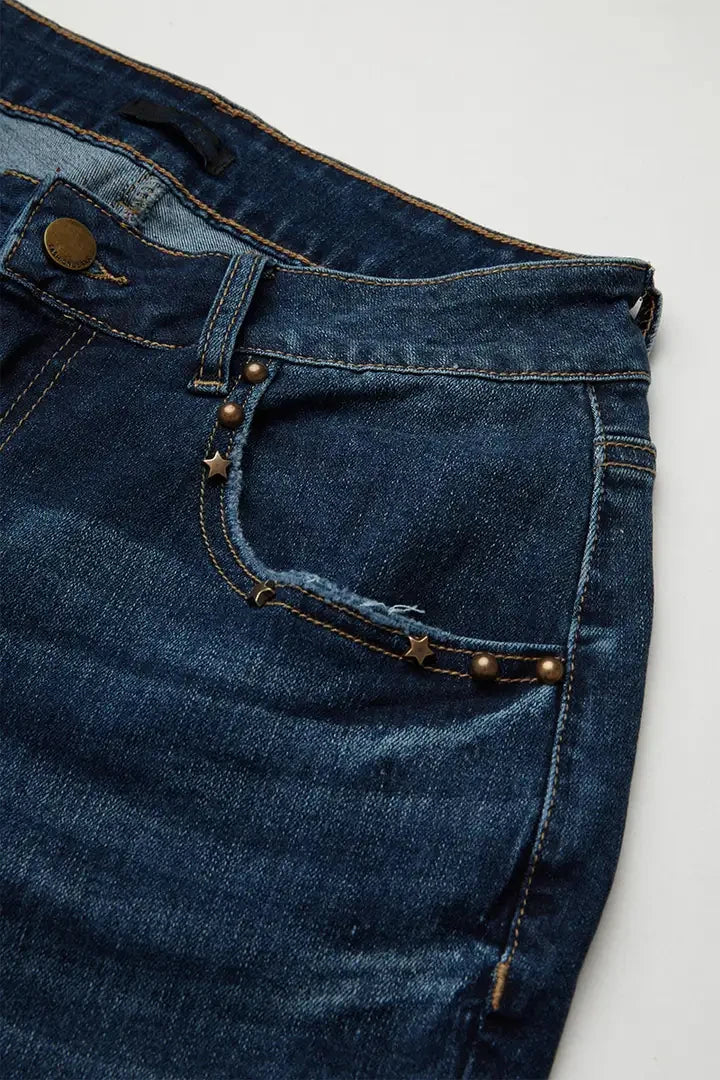 Cyflymder  Elegant High Stretchy Skinny Flare Jeans, Leopard-Print Pockets with Studs, Mid Waist Slim Fit- Retro & Stylish Long Length T27