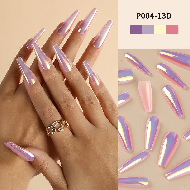 Cyflymder 24Pcs/Box Ballerina Press on Nails Tips False Nail Art Full Cover Detachable Artificial Fake Nails Metal Mirror Powder Design