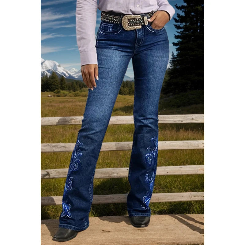 Cyflymder  [Classy Cowgirl Jeans] Women's High-waist Stretch Flare Jeans, Elegant Slim Fit, Embroidered Flora and Paisley Bell Bottoms