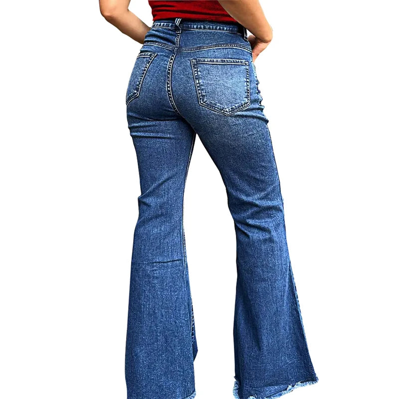 Cyflymder  Huang's Stylish High Waist Flare Bell Bottom Jeans Curvy Seam Details Raw Hem Loose Fit Ladies Pants Western Women's Trouser T39