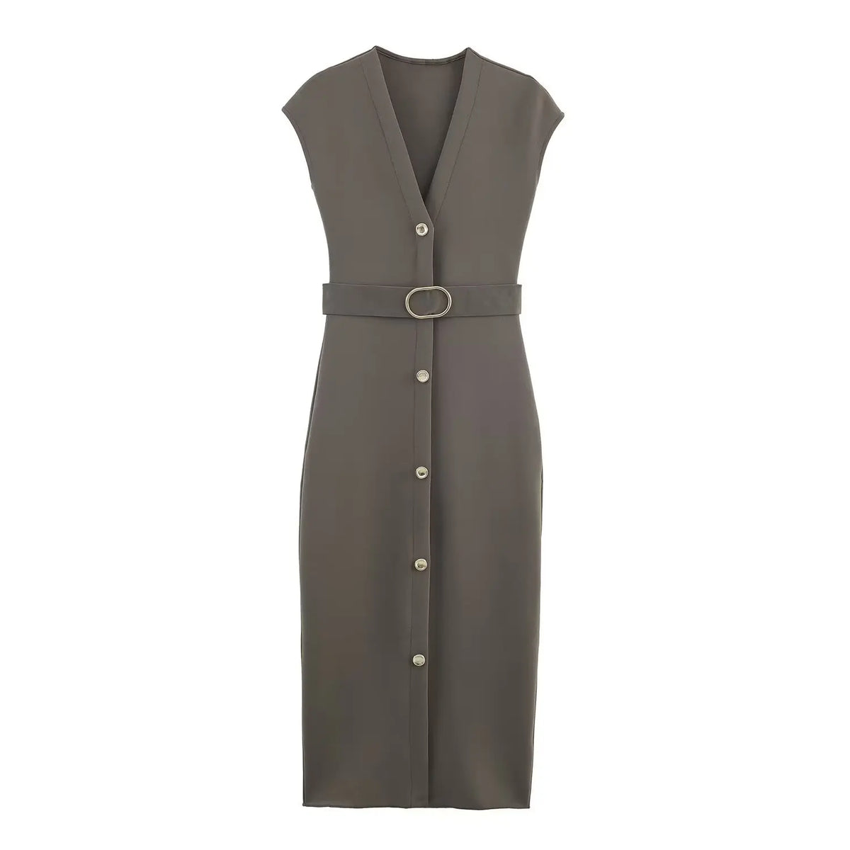 Cyflymder  Autumn New Women's Casual Long Dress V-neck Sleeveless Long Dress Elastic with Metallic Belt Elegant Solid Color Dress