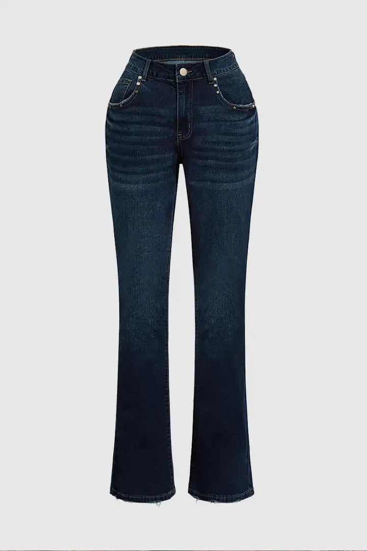 Cyflymder  Elegant High Stretchy Skinny Flare Jeans, Leopard-Print Pockets with Studs, Mid Waist Slim Fit- Retro & Stylish Long Length T27