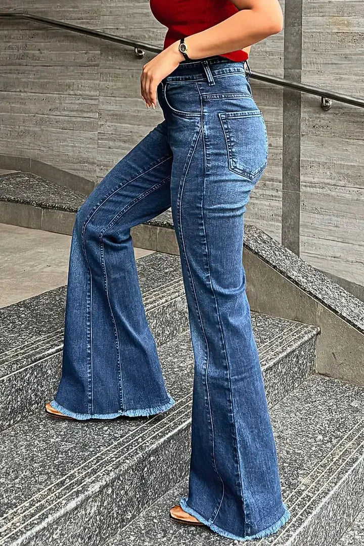 Cyflymder  Huang's Stylish High Waist Flare Bell Bottom Jeans Curvy Seam Details Raw Hem Loose Fit Ladies Pants Western Women's Trouser T39