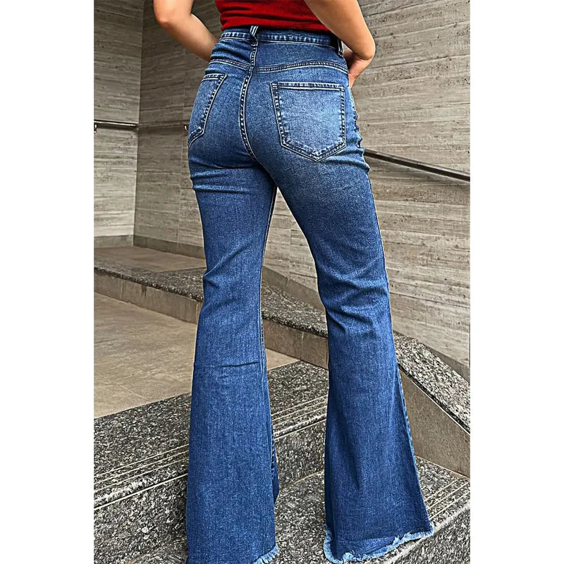 Cyflymder  Huang's Stylish High Waist Flare Bell Bottom Jeans Curvy Seam Details Raw Hem Loose Fit Ladies Pants Western Women's Trouser T39