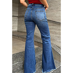Cyflymder  Huang's Stylish High Waist Flare Bell Bottom Jeans Curvy Seam Details Raw Hem Loose Fit Ladies Pants Western Women's Trouser T39