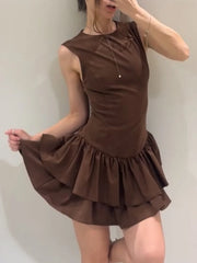 Cyflymder  Casual Chocolate Brown Party Dress O Neck Sleeveless Ruffles Mini Dress Fashion Evening Club Party Y2K Girl Dress
