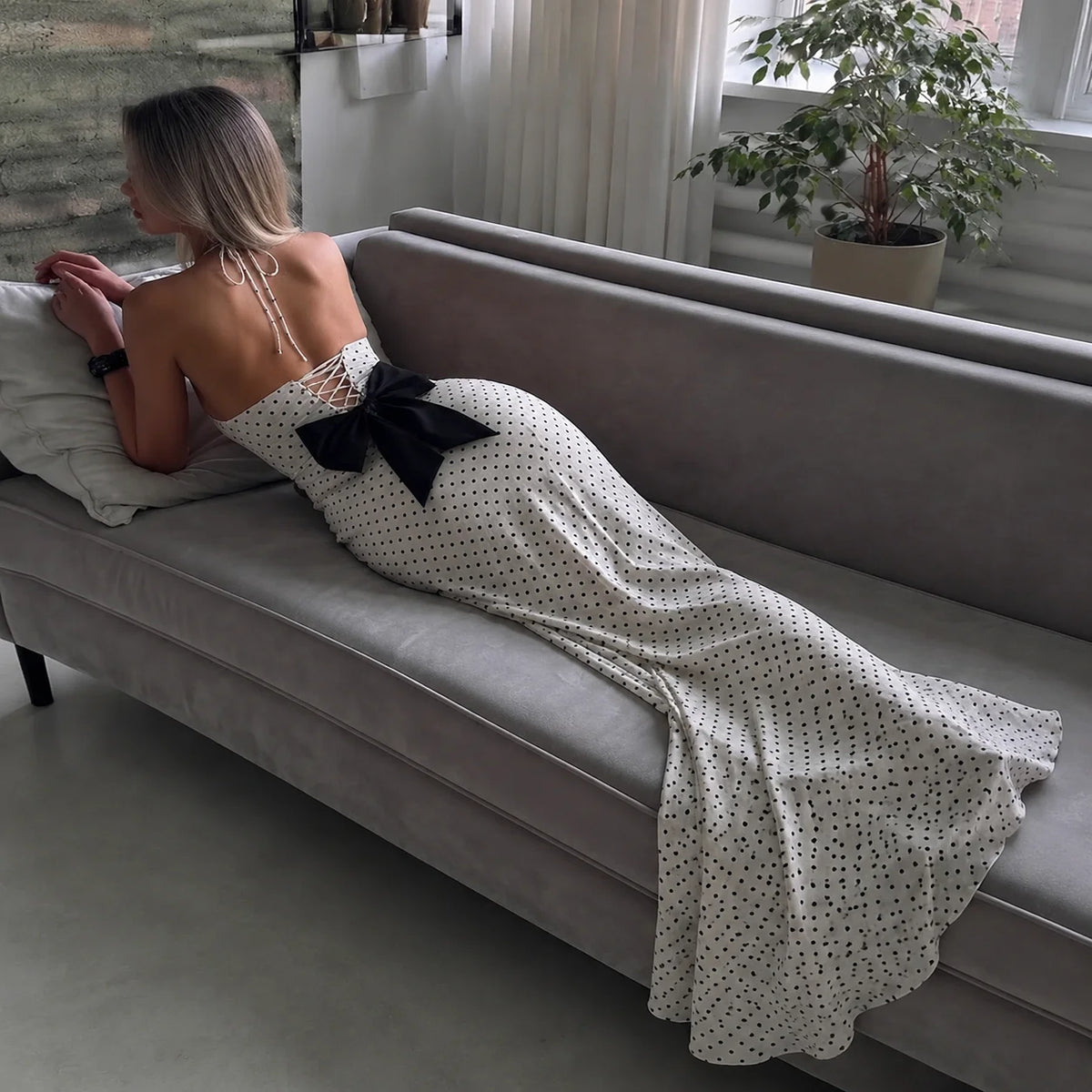 Cyflymder  Women Halter Deep V Neck Polka Dot Mermaid Maxi Dress Lace Up Back Big Bow Bodycon Long Dress Elegant Evening Party Wedding Gues