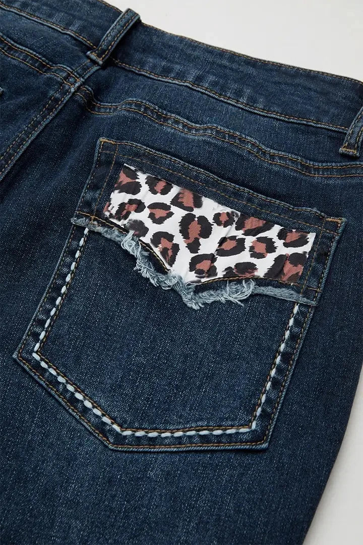 Cyflymder  Elegant High Stretchy Skinny Flare Jeans, Leopard-Print Pockets with Studs, Mid Waist Slim Fit- Retro & Stylish Long Length T27