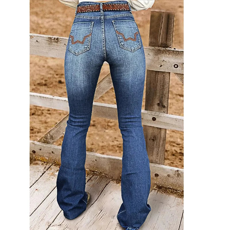 Cyflymder  Elegant Country Wear| Distressed High Waisted Flared Cowgirl Outfit -Printing with Golden Studs, Casual Vintage Jeans   T46