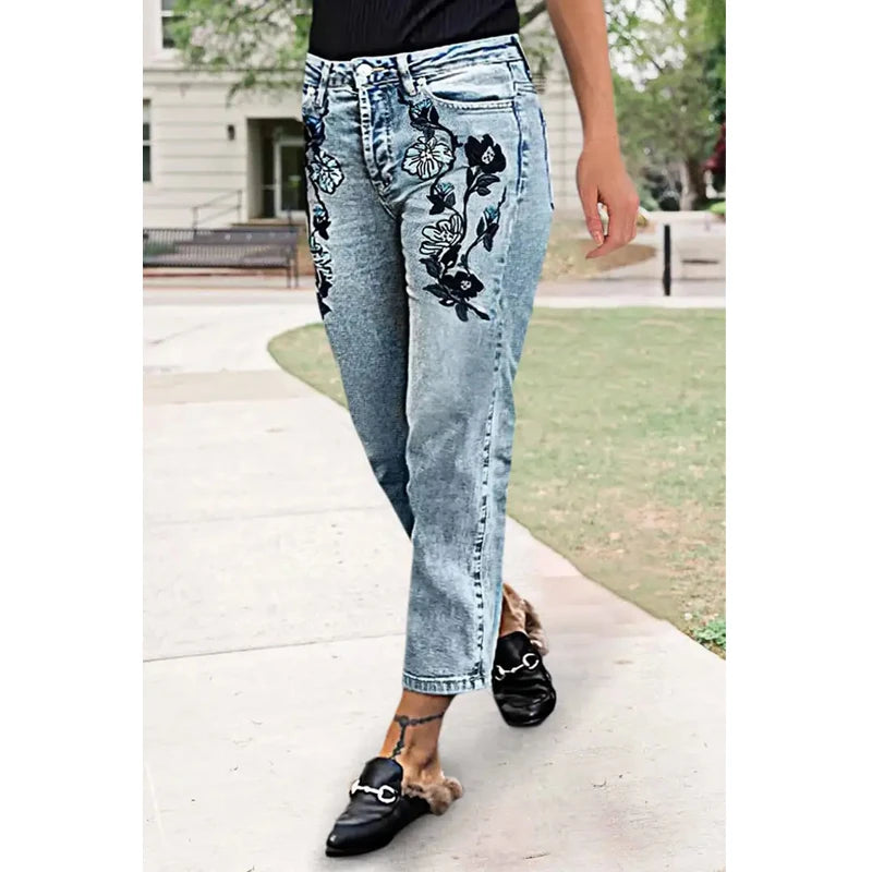 Cyflymder  New Slimming Girlfriend Ankle Denim Jeans Flora-Embroidered High Stretchy Ladies Pants Mid Rise Straight Leg Mom's Trousers T49