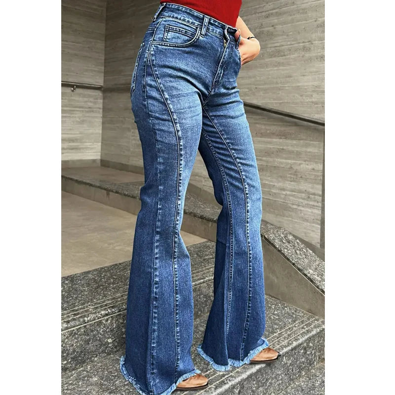 Cyflymder  Huang's Stylish High Waist Flare Bell Bottom Jeans Curvy Seam Details Raw Hem Loose Fit Ladies Pants Western Women's Trouser T39