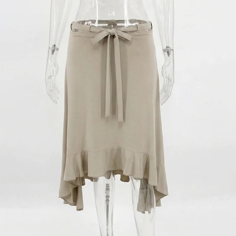 Cyflymder  Y2K Low Waist Cut Out Midi Skirt Women Asymmetrical Ruffle Hem Ruched Tie Up Khaki Long Skirts Fairycore Streetwear Jupe