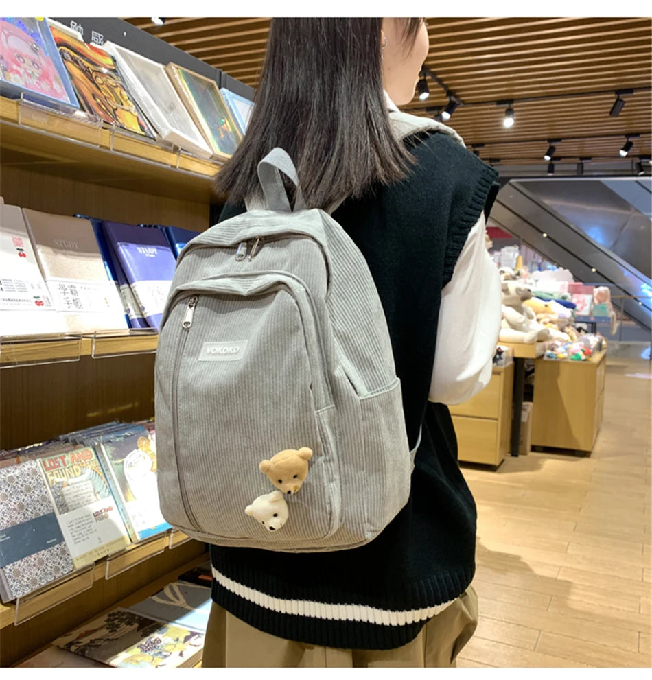 Cyflymder  Stripe Corduroy Woman Backpack Purse Simple School Bag for Teenage Girls Female Travel Bagpack Kawaii Student Book Bag Rucksack