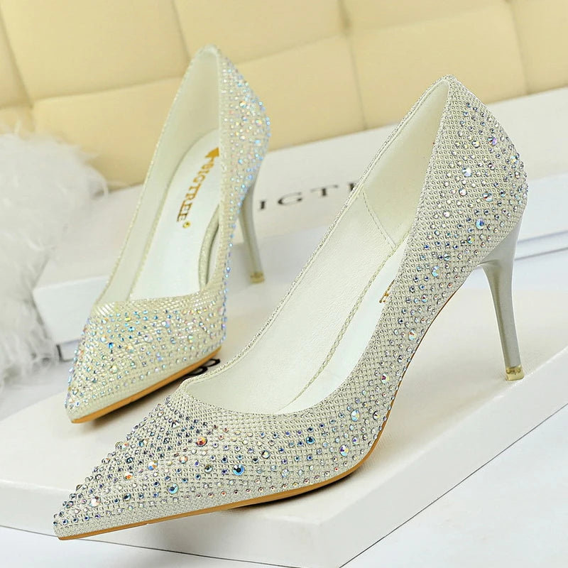Cyflymder Shoes Rhinestone Woman Pumps Fashion Wedding Shoes Women Basic Pump Stiletto Heels 10cm 7cm Heeled Shoes High Heels