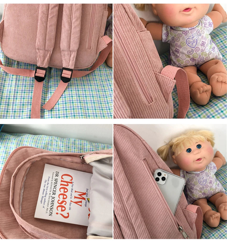 Cyflymder  Stripe Corduroy Woman Backpack Purse Simple School Bag for Teenage Girls Female Travel Bagpack Kawaii Student Book Bag Rucksack