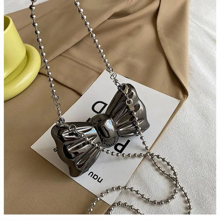 Cyflymder Metal Mini Bow Crossbody Bags For Women Fashion Silver Gold Shoulder Bag Women Bags Clutch Bag Lipstick Purses Coin Bags New