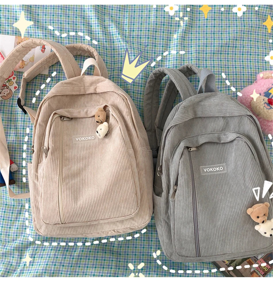 Cyflymder  Stripe Corduroy Woman Backpack Purse Simple School Bag for Teenage Girls Female Travel Bagpack Kawaii Student Book Bag Rucksack