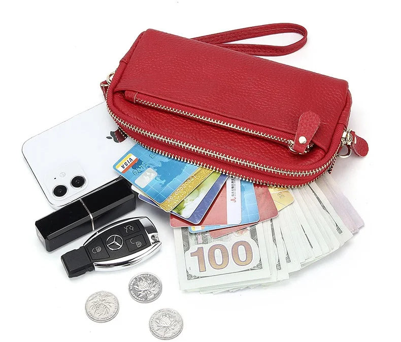 Cyflymder  Genuine Leather Women Double Zip Wallet new Ladies Clutch Purse Cowhide Wristlet Bag Coin Purse Fashion Mobile Phone Bags