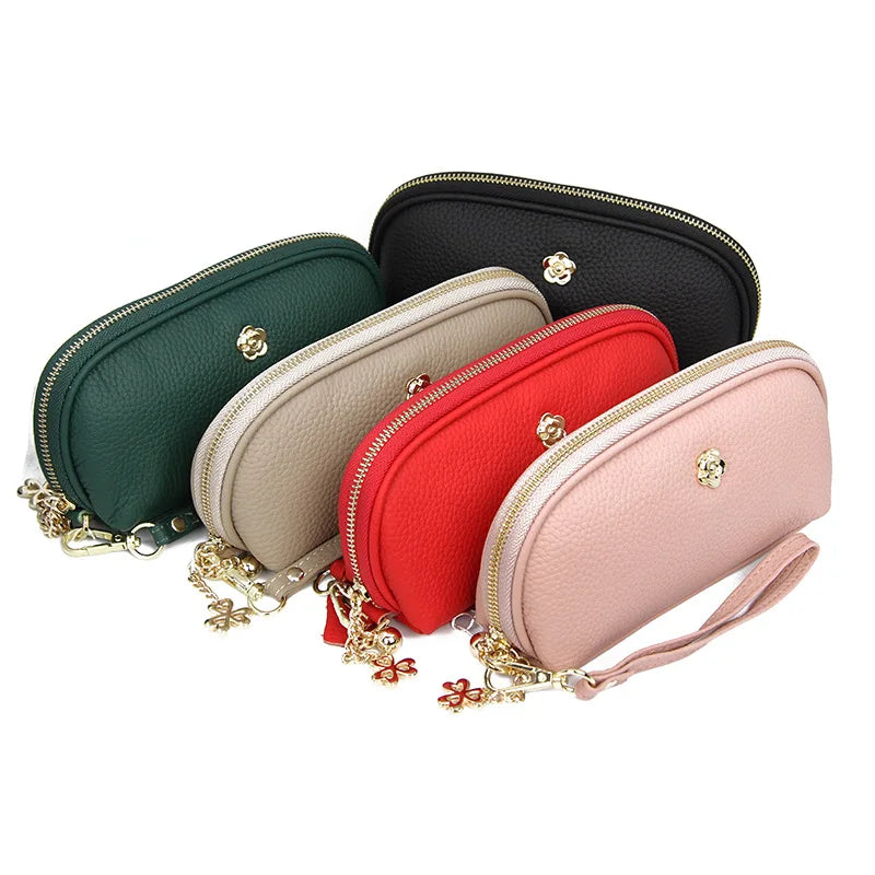 Cyflymder  Fashion Tassels women long wallet Genuine Leather Zipper Shell Wristlet Bag Lady Clutches Flowers Coin Purse Cowhide phone bag