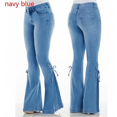 Cyflymder  Fashion Mid Waist Denim Flare Pants Women Lace Up Slim-fit Stretch Jeans Wide Leg Trousers Lady Casual Bell-Bottoms