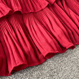 Cyflymder Summer Green/Pink/Red Pleated Spaghetti Strap Dress Women Sexy V-Neck High Waist Sleeveless Cascading Ruffle A-Line Draped Robe