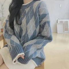 Cyflymder comfy outfits winter Winter Argyle Loose Knitted Sweater Pullovers Sweater Korean College Style Women Jumper