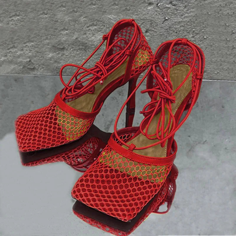 Cyflymder  Women High Heels Mesh Sandals Pumps Summer Sexy Strappy Hollow Roman Shoes New Open Toe Sandals Size 35-43 Sandalias Mujer