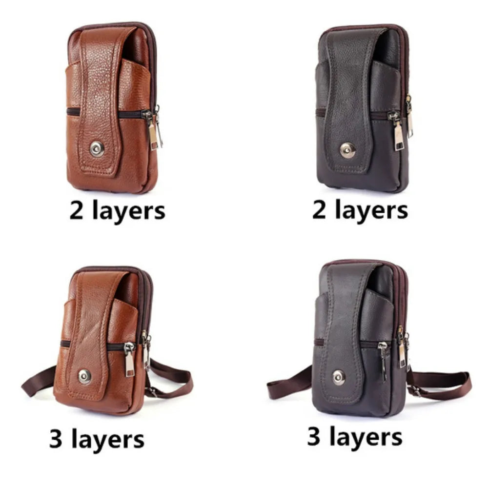 Cyflymder Men Leather Waist Bag Large Capacity Belt Bag Brown Shoulder Bags Crossbody Bags Multi-layer Buckle Mobile Phone Bag Bum Pouch