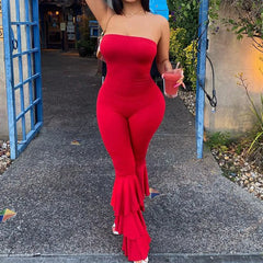Cyflymder  Women Strapless Bodycon Sexy Casual Jumpsuit Red Fashion New Backless Rompers Stacked Flared Pants Streetwear Overalls One Piece