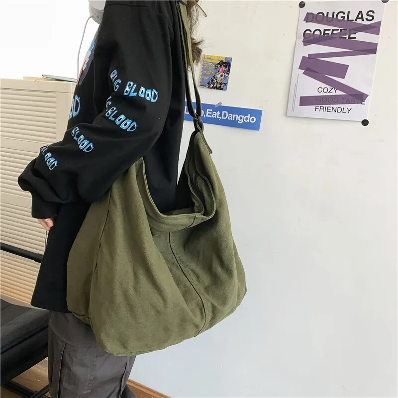Cyflymder Women Canvas Shoulder Bags Large Capacity Thick Cotton Cloth Books Handbag Tote Solid Crossbody Bag Big Travel Purse For Ladies
