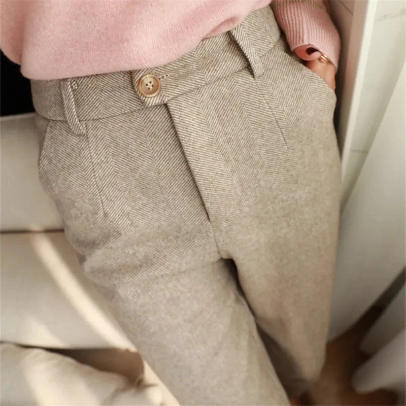 Cyflymder Woolen Pants Women's Harem Pencil Pants Autumn Winter High Waisted Casual Suit Pants Office Lady Women Trousers