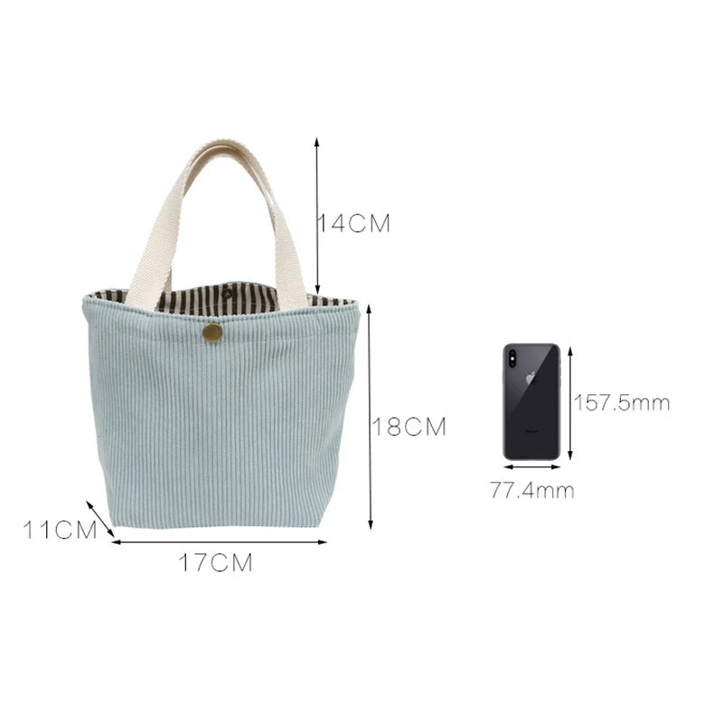 Cyflymder Small Corduroy Lunch Bag for Women Eco Canvas Portable Tote Bags Mini Female Students Bento Picnic Food Bag Travel Handbags