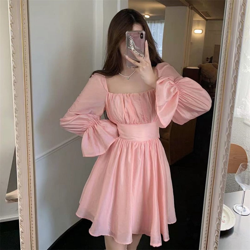Cyflymder Pink Sweet Elegant Princess Dress Women Casual Korean Slim Long Sleeve Fairy Dress Female Backless Design Vintage Dress 2021 New