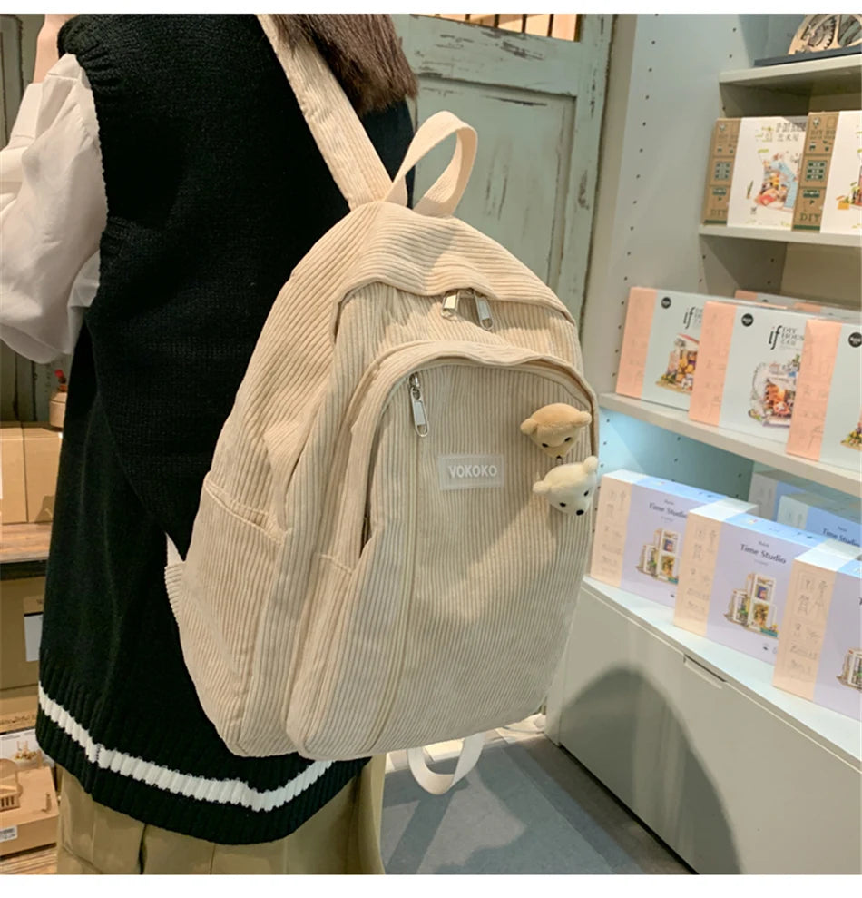 Cyflymder  Stripe Corduroy Woman Backpack Purse Simple School Bag for Teenage Girls Female Travel Bagpack Kawaii Student Book Bag Rucksack