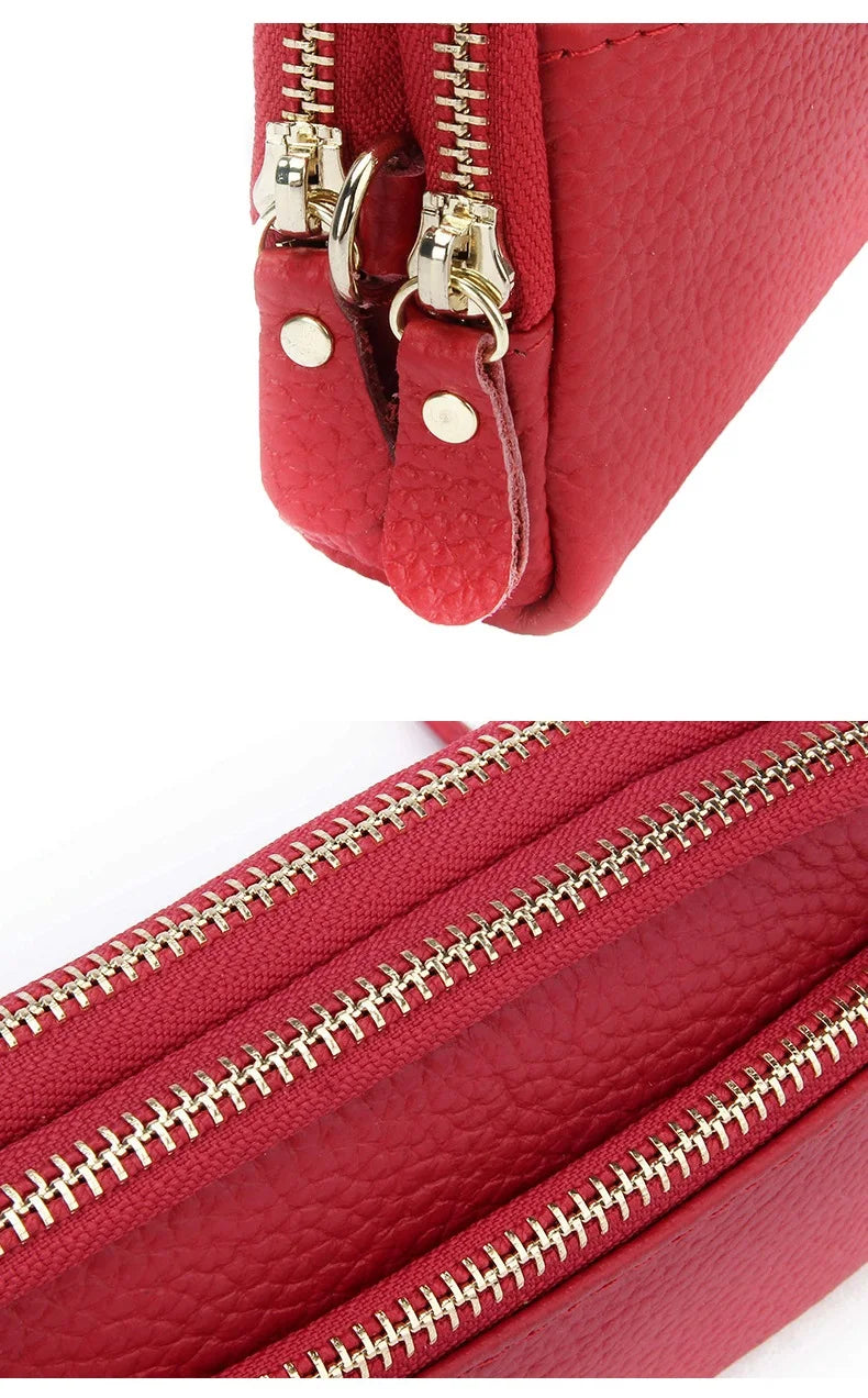 Cyflymder  Genuine Leather Women Double Zip Wallet new Ladies Clutch Purse Cowhide Wristlet Bag Coin Purse Fashion Mobile Phone Bags