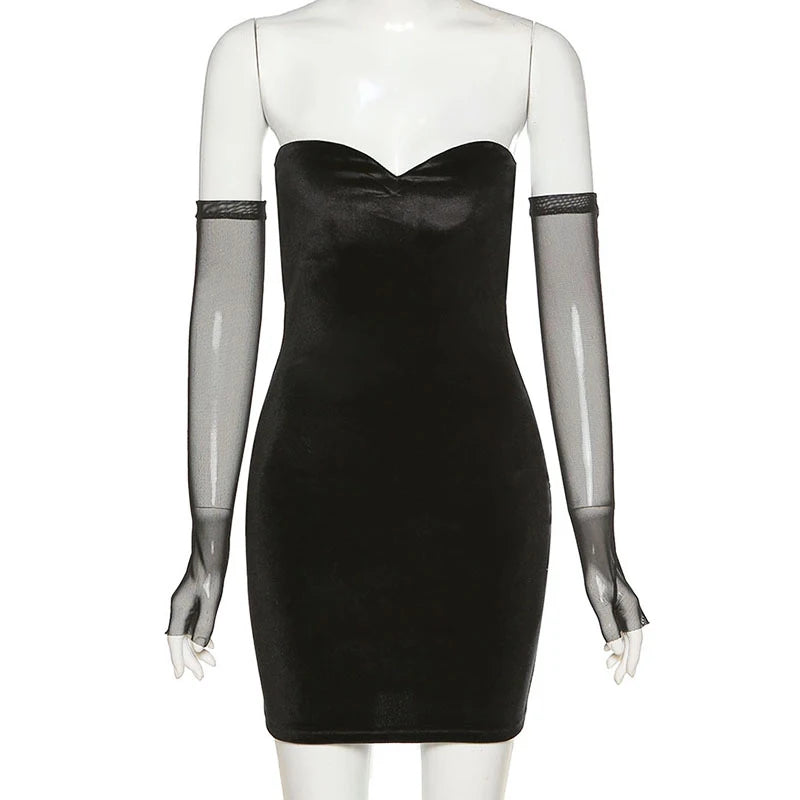 Cyflymder  Sweetheart Neck Strapless Bodycon Party Velvet Dresses With Mesh Gloves 2024 Women Sexy Backless High Waist Mini Night Club Wear