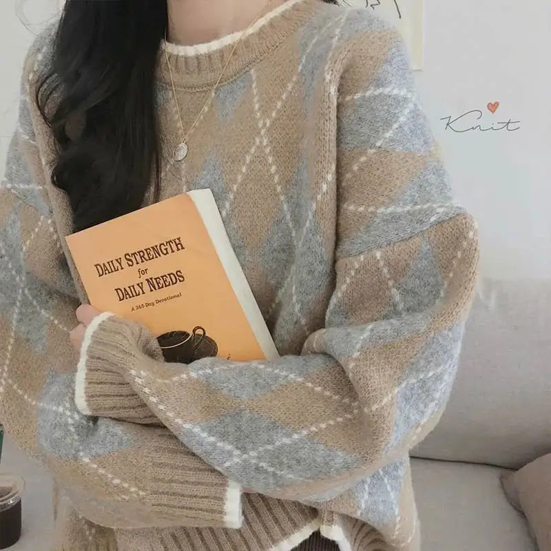 Cyflymder comfy outfits winter Winter Argyle Loose Knitted Sweater Pullovers Sweater Korean College Style Women Jumper