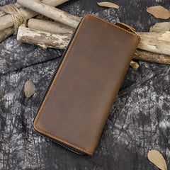 Cyflymder Men's Crazy Horse Leather Long Wallet Zip Around Genuine Leather Wallet Phone Case Purse with Coin Pocket 4 Interlayer Pocket