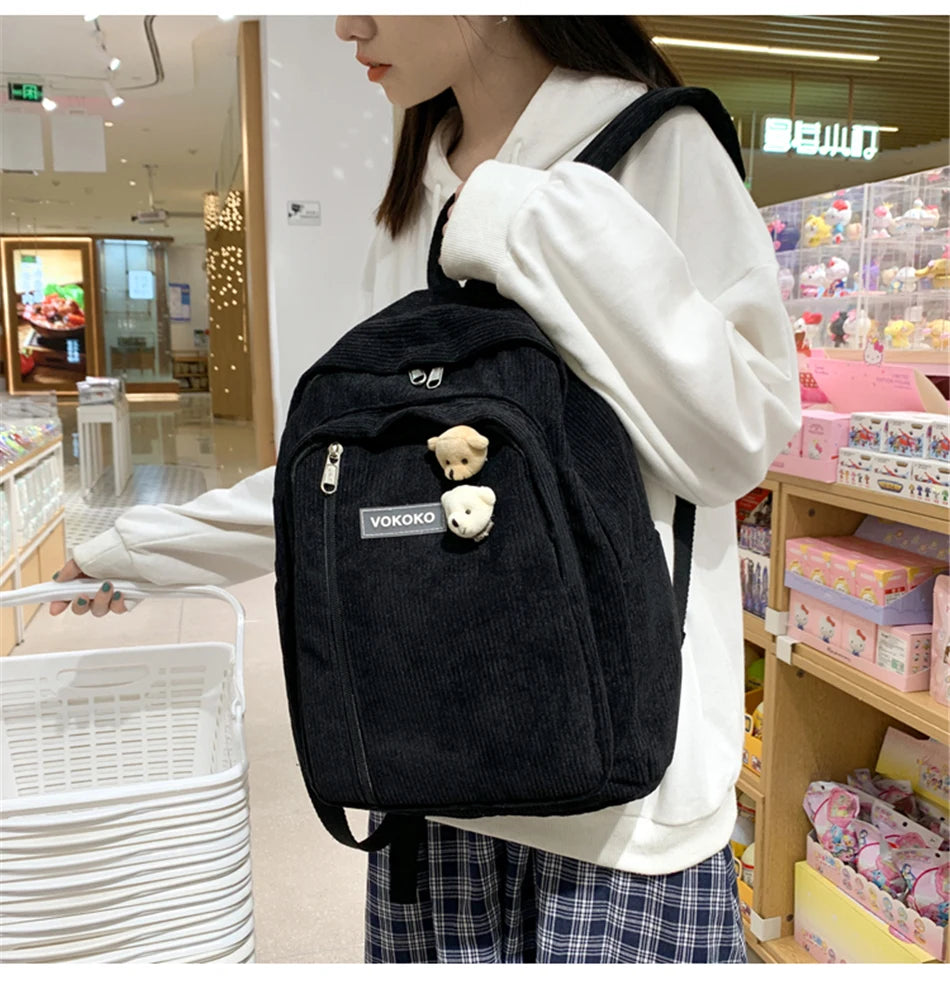 Cyflymder  Stripe Corduroy Woman Backpack Purse Simple School Bag for Teenage Girls Female Travel Bagpack Kawaii Student Book Bag Rucksack